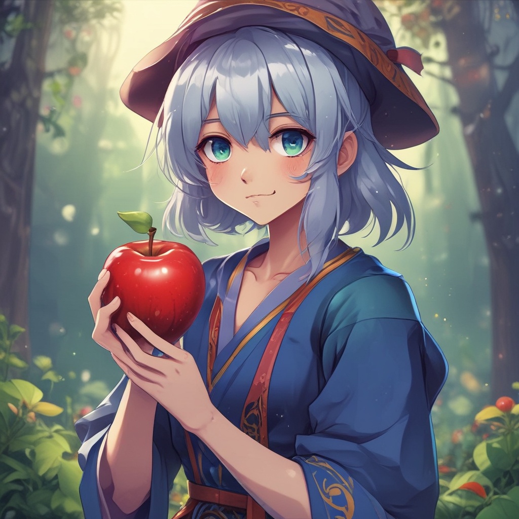 Anime character holding a mystic apple