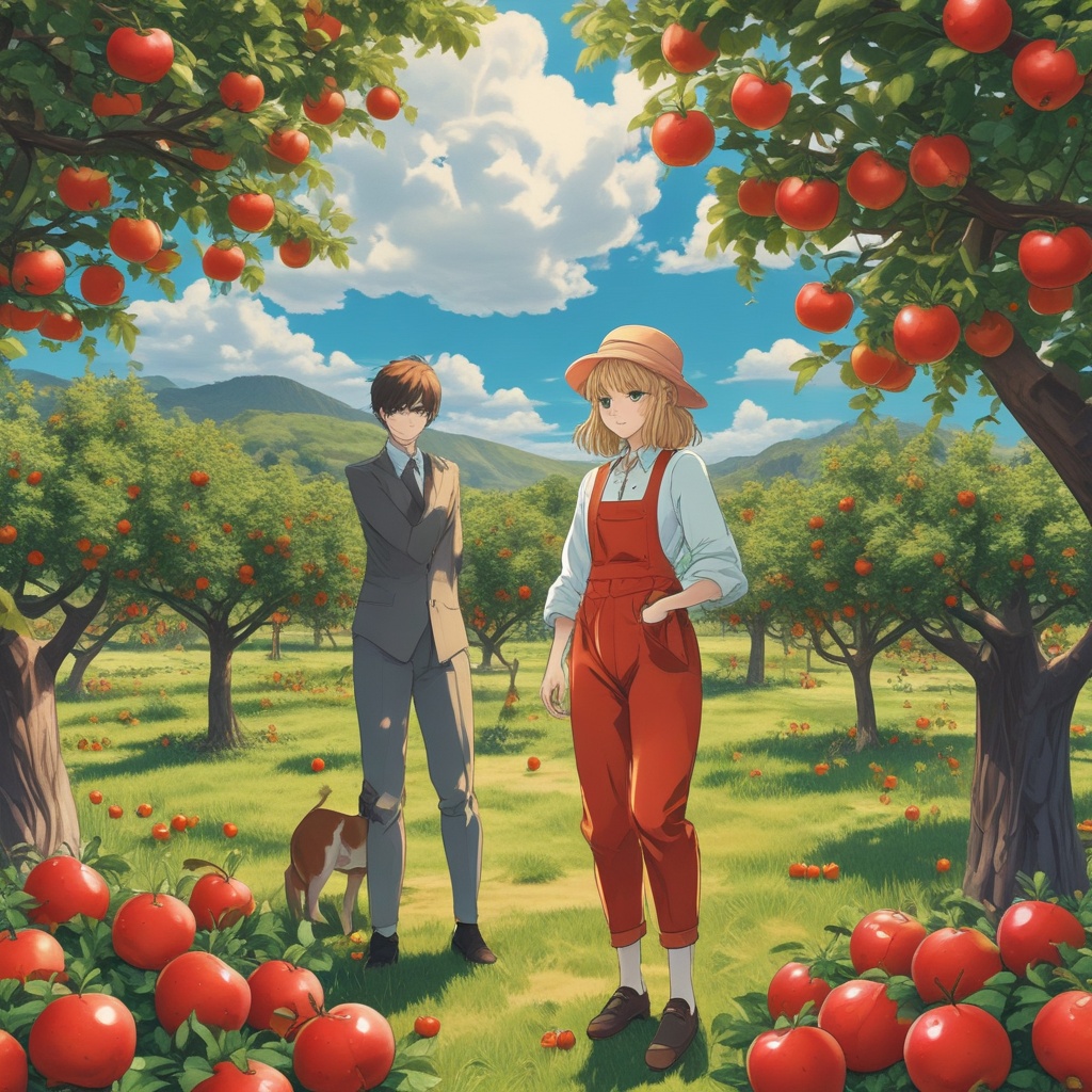 Anime scene with characters in an apple orchard